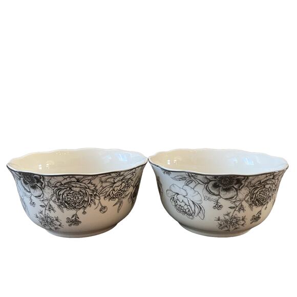 222 FIFTH Fine Porcelain Dashney Floral Salad Bowls 6in Gray White Set of 4 NEW - Picture 5 of 10